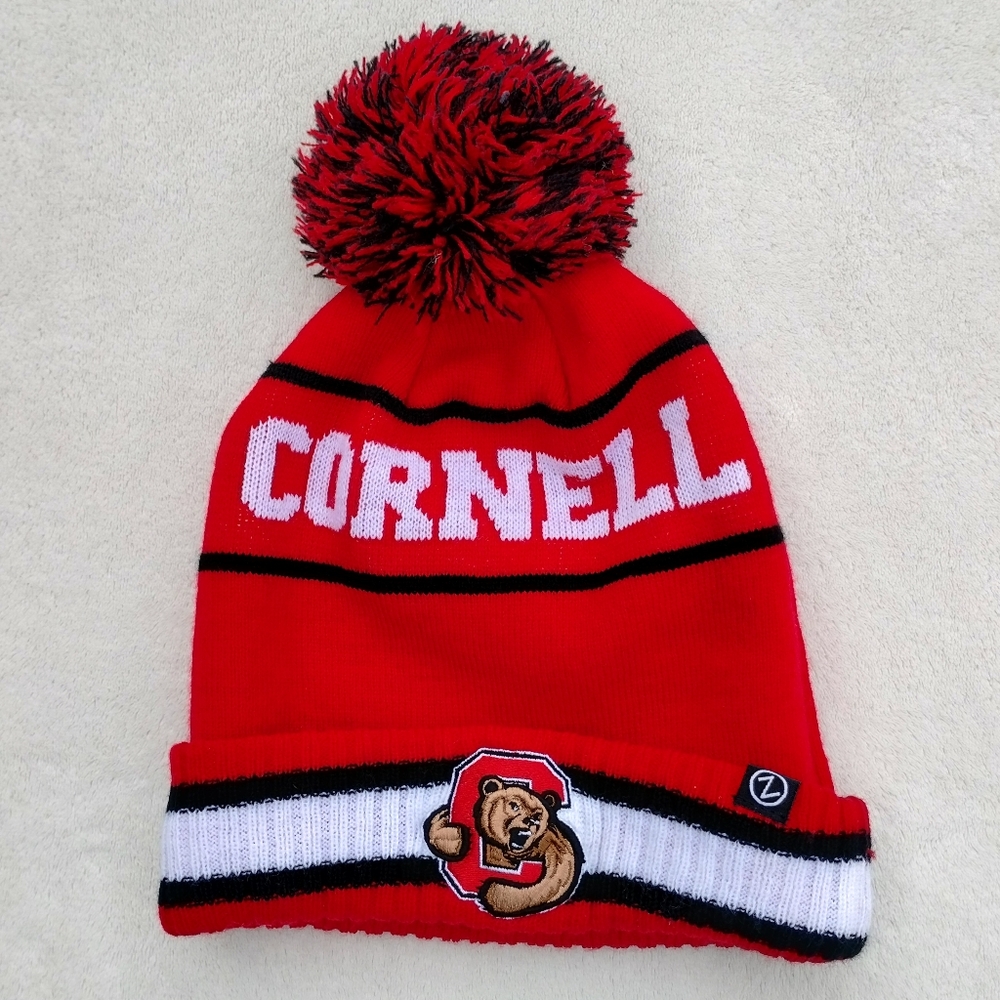 Cornell University Red Striped Knit Beanie Adult One Size Pom Embroidered Logo